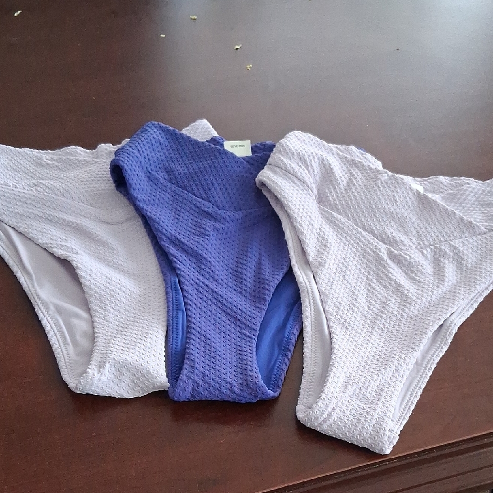Aerie Set of Three Purple and White Textured Bikini Bottoms.